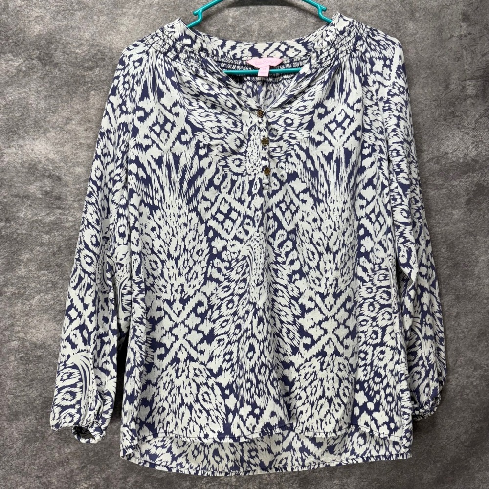 Lilly Pulitzer‎ Elsa Blouse Top Womens XS 100% Silk Pineapple Party Navy White